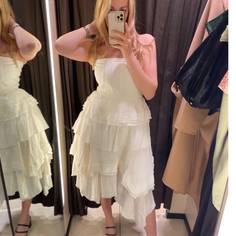 Zara White Strapless Tiered Ruffle Midi Dress
